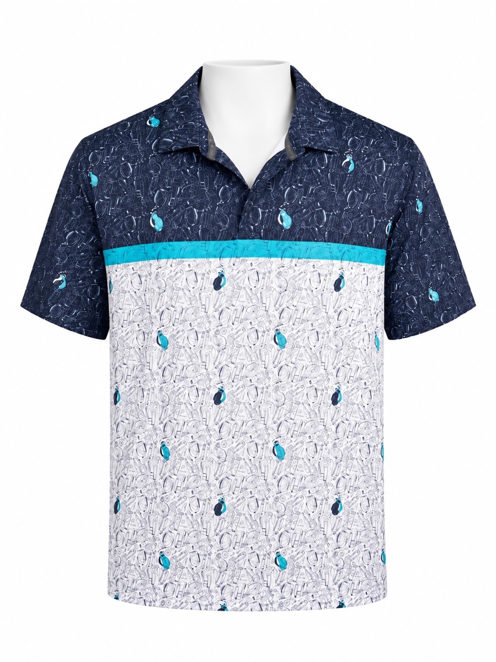 Size XL Callaway Men’s Opti-Dri Golf Polo Shirt Navy White Turquoise Club Print